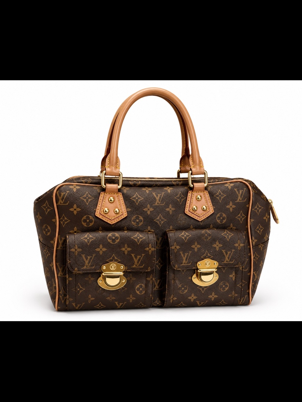 Designer Inspired Monogram Canvas Satchel with Tan Handles and Gold  Hardware